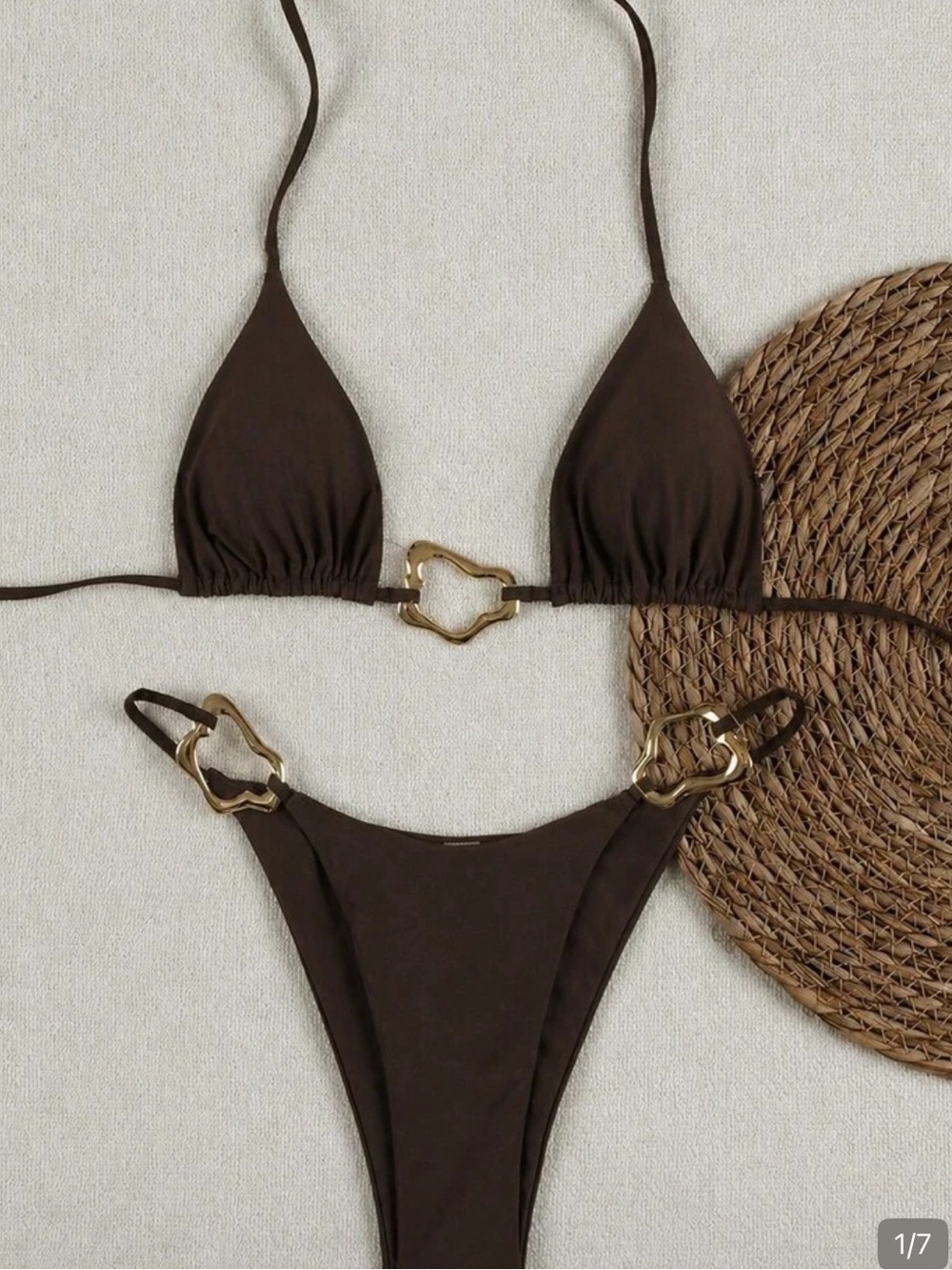 Gold-Accent Brown Triangle Bikini Set